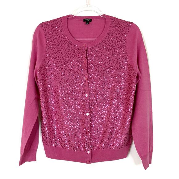 Talbots | Pink Sequin Silk Cotton Cardigan Sweater Button Front Womens Large - Picture 1 of 7